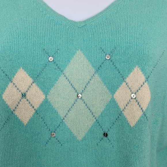 Grayson & Dunn 100% cashmere argyle v-neck sweater SZ Large - Picture 5 of 8